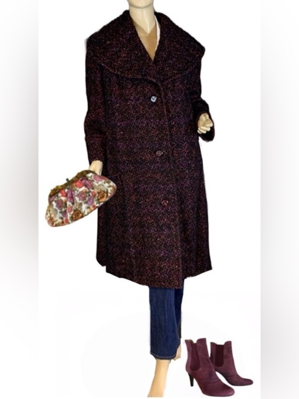 VINTAGE 1960'S OSCAR CAHN FABRIC BLACK & PURPLE SPECKLED WOOL SWING COAT (1X)